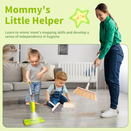 Kids Spray Mop,Toddler Mop Cleaning Set, Real Working Mini Mop & Kids Broom Dustpan Set, Housekeeping Pretend Play Toy, Montessori Kid Cleaning Toy Set Includes Organizer Clip -Green - size: Mop & Broom Set, style: Green