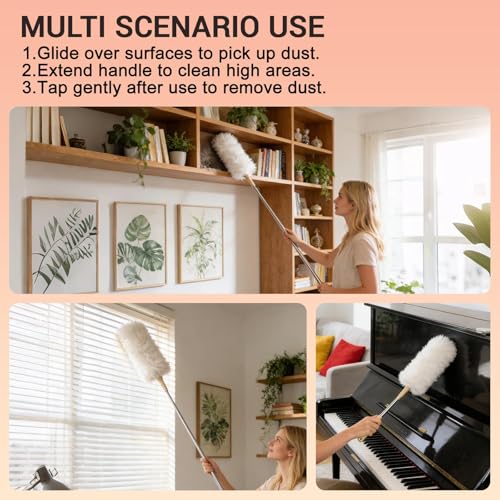 Lambswool Duster Extendable 22–55 Inch Natural Wool Duster with Flexible Head for Ceilings Furniture Blinds Electronics Washable Reusable White - color: White
