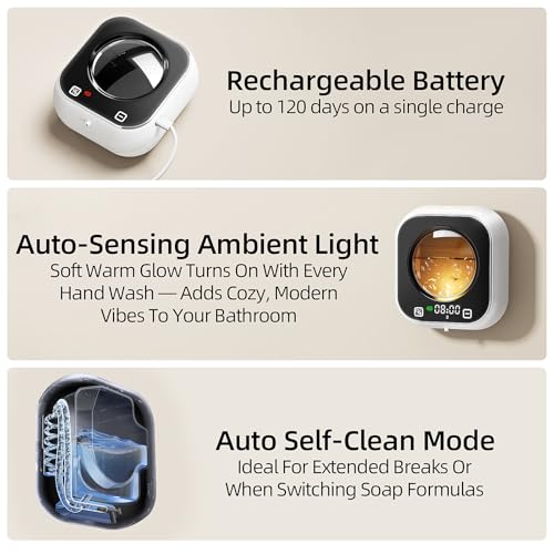 Automatic Soap Dispenser Touchless, Wall Mount Foam Hand Soap Dispenser, 5 Adjustable Foam Levels, Rechargeable 120-Day Battery, IPX5 Waterproof LED Clock for Bathroom Kitchen Sink 320ML (White) - color: Foam White