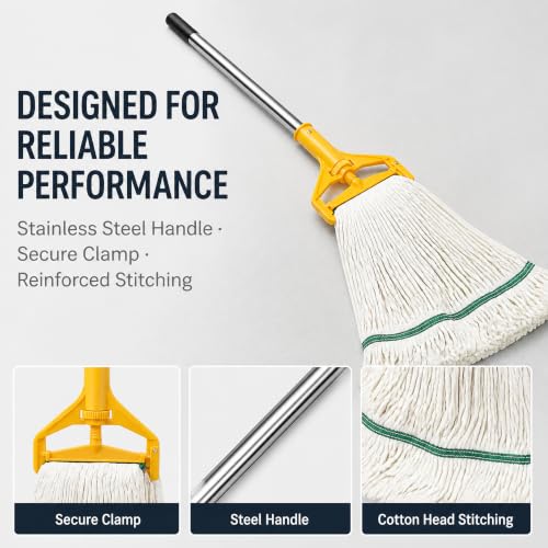 2 Pack 20 Oz Commercial Cotton Mop with 63” Stainless Steel Handle, Heavy Duty Industrial Wet Mop for Floor Cleaning, Commercial Grade Mop for Home, Office, Garage, Tile & Hardwood Floors