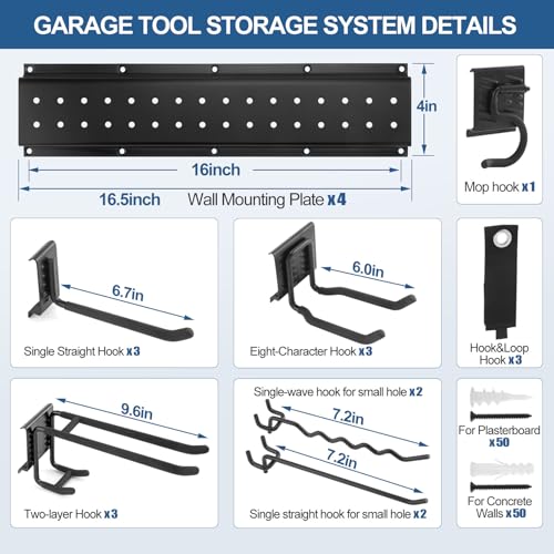 66'' Garage Tool Organizer Wall Mount 21PCS, 750lbs Heavy Duty Garden Tool Organizer with 17 Adjustable Hooks, Yard Tool Hanger for Shovel Rake Broom Ladder, Garage Wall Organization, Men's Gift - size: 66''-21Pack