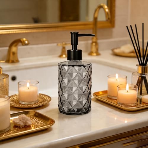 12Oz Small Glass Soap Dispenser with Black Plastic Pump, Gray Refillable Kitchen Countertop Liquid Hand Soap Dispensers with Diamond Design, Bathroom Lotion Bottle for Dispense Dish Soap, 2 Set - color: Gray Diamond 2pcs