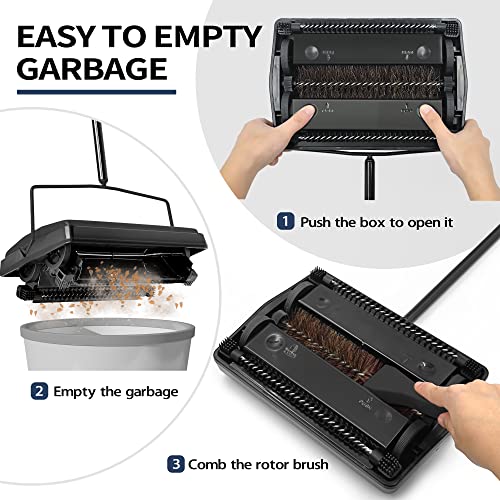 JEHONN Carpet Floor Sweeper Manual with Horsehair, Non Electric Quite Rug Roller Brush Push for Cleaning Pet Hair, Loose Debris, Lint (Black) - color: Black