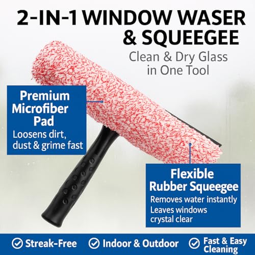 Libman 2-in-1 Window Washer & Squeegee – Premium Microfiber Glass Cleaner, Streak-Free Window Cleaning Tool, Fits Telescopic Poles – 11.25" Wide Head for Windows, Mirrors, Shower Doors, and Cars