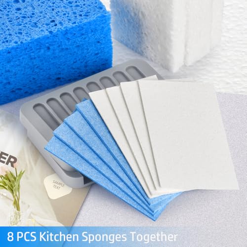 8PCS Compressed Kitchen Sponges for Household Use, Zero Scratch Scrub | Save Space, Premium Dish Sponges Kitchen Natural, Non Scratch Cleaning Sponges for Dishes, Blue & White Dishwashing Brushes