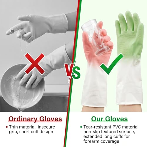 Cleaning Gloves 2 Pairs, Medium Reusable Dishwashing Gloves Honeycomb Non-Slip Grip, Waterproof Long Cuff Household Gloves for Kitchen Dishes Bathroom Laundry Pet Bath, Mint Green & Pink for Women