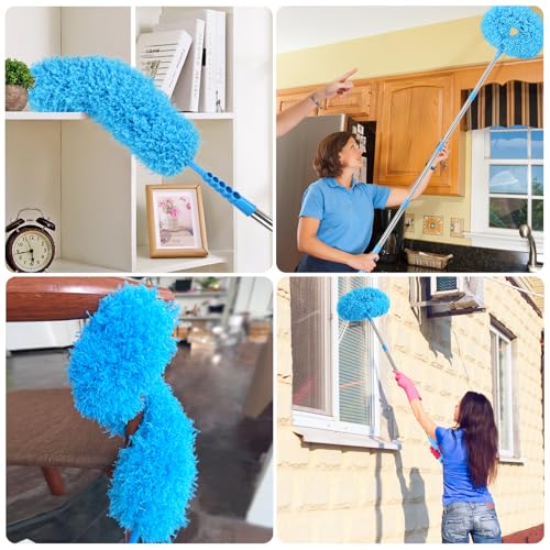 Ceiling Fan Cleaner Duster Reusable Microfiber Removable Duster with Extension Pole Adjusts 12 to 71 Inch for Cleaning Walls Bookshelves Furniture Door Window Top (Blue) - size: 12-71inch-7pcs