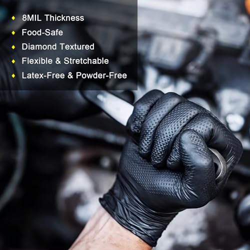 PROMEDIX P Heavy Duty Nitrile Gloves with Diamond Texture 8 Mil Latex Free Powder Free Industrial Disposable Glove - color: Black, size: X-Large