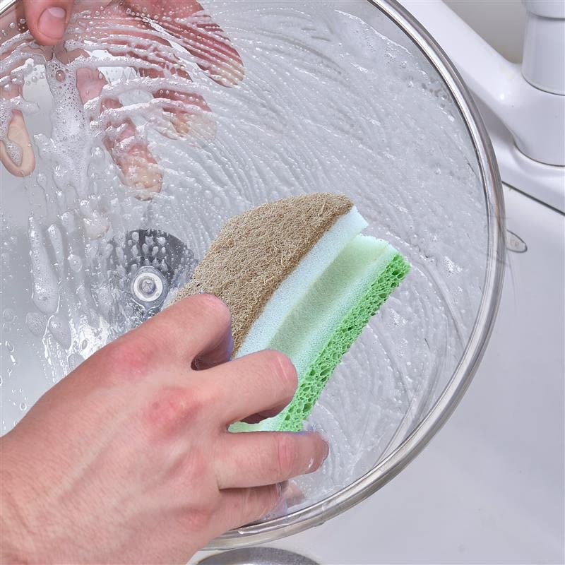 Natural Scrub Sponge Scouring Pad - Sisal Plant Based Sponge Scrubber Non Scratch Eco Friendly, 2 Side Cellulose and Sisal for Nonstick Cookeware, Glasses, Dishes. by Superio (Green) - color: Green