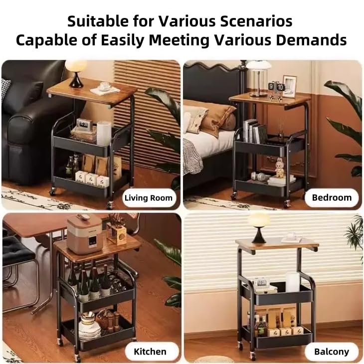 3 Tier Metal Rolling Utility Cart Organizer with Walnut Table Top, Stable and Sturdy Rolling Storage Carts with 2 Lockable Wheels for Kitchen,Bathroom,Snacks,Coffee,Craft,Makeup,Baby Essentials