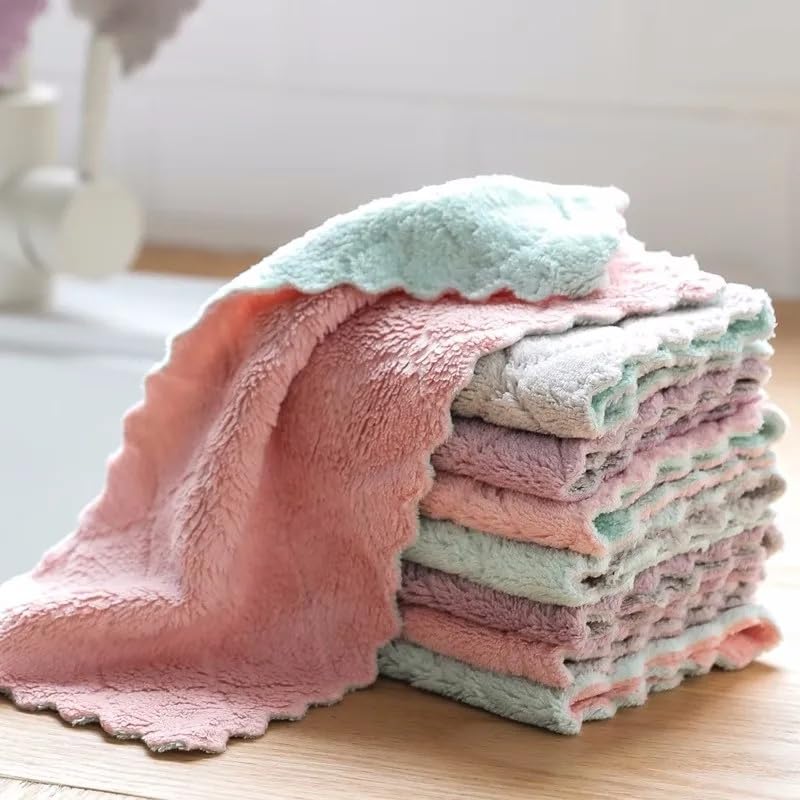 4PCS Double-Layer Microfiber Absorbent Cleaning Cloths Coral Fleece Dishcloths Scouring Rags Reusable Washable Kitchen Towel,Green Grey