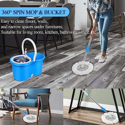 Spin Mop and Bucket Set, Mop and Bucket with Wringer Set, 360°Spin Mop Kit with 2 Extra Microfiber Mop Replacement Heads, Spinning Mop Bucket System for Floor Cleaning (Blue) - color: Blue