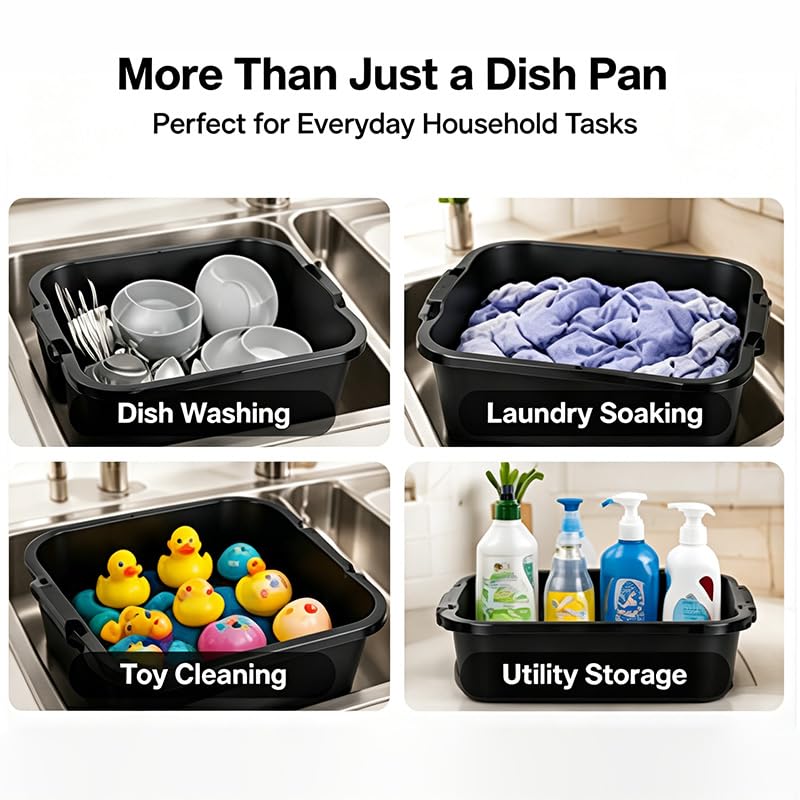 Wash Basin and Dish Pans for Kitchen Sink, 18 Qt Plastic Laundry Tub for Home Cleaning, Portable Water Bucket for Camping, Gardening and Dishwashing, Black, 2 Pack