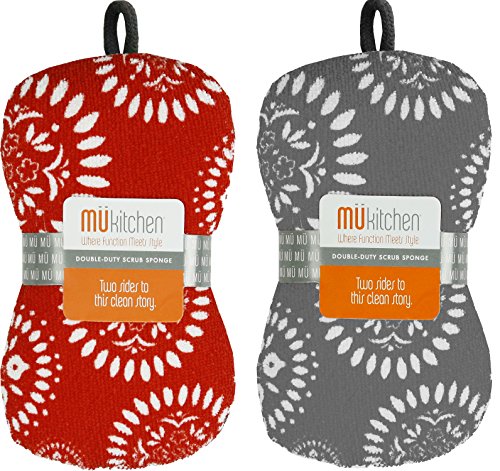 MÜkitchen Premium Microfiber Sponge Set for Dishes and Cleaning, 2 Pack, Printed (Meallion Gray/Red) (Meallion Gray/Red) - color: Meallion Gray/Red