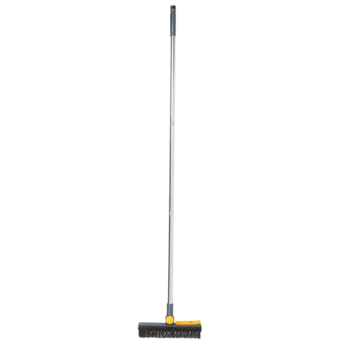 TIDTALEO Bathroom Floor Scrubber Brush with Long Handle, Dual-Function Hard Bristle Scrub and Stainless Steel Squeegee, Blue-Yellow Upgrade for Shower and Tile Cleaning