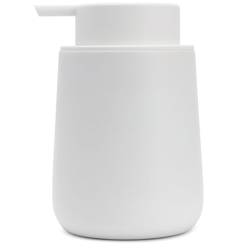 Matte White Round Soap Dispenser for Kitchen & Bathroom – 9 oz Refillable Resin Pump Bottle for Dish Soap, Hand Soap, Shampoo, Conditioner – Modern Countertop Dispenser with Non-Slip Protective Pads - color: White, style: Round Short Soap Dispenser