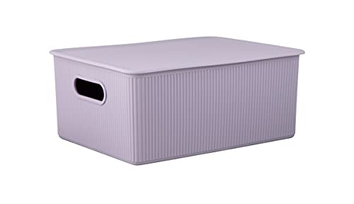 Decorative Plastic Basket Lidded Home Storage Bins Organizer, Large Lilac Purple (1 Pack - 15 Liter) Stackable Container Box, for Organizing Closet Storage Bins for Shelves - Ribbed Collection - color: Lilac, size: 15 L