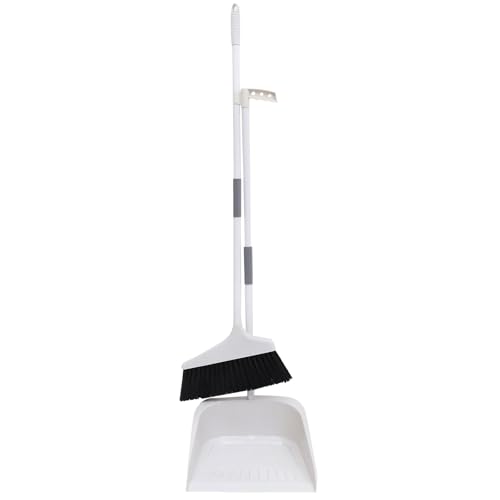ULTECHNOVO Broom and Dustpan Set for Home - 35.43In Soft Broom with Long Handle and Upright Dustpan Combo for Indoor Floor Cleaning Kitchen Office Heavy Duty Sweeping Tool - color: White