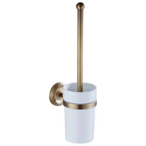 Toilet Brush and Holder Set 14.6in Brass Antique Wall Mounted Toilet Brush with Ceramic Cup Elegant Bathroom Essentials Bowl Cleaners Bowl and Holder
