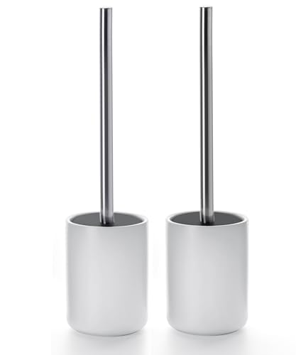 Ceramic Toilet Brush & Holder Set - Freestanding Deep-Cleaning Toilet Bowl Cleaner Brush, Stainless Steel Handle, Small & Sturdy for Storage, Easy to Clean, Non-Scratching - color: Matt White