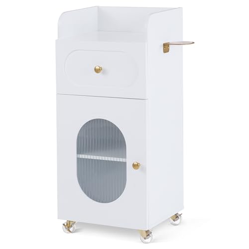 BarberPub Salon Trolley with Wheels, Storage Rolling Cart with Drawer and Shelves, Oval Window, Gold Hardware, on Casters, Barber Shop Tool Organizer for Hair Stylist, White Paint Finish 2498 (White) - color: White