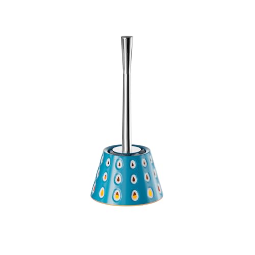 Aesthetic Toilet Brush and Holder | Decorative Bathroom Accessory with Modern Tri-Color Pattern Design | Discreet Enclosed Caddy | Sturdy PP Bristles | Heavy-Duty Base | (Ocean Blue/White/Orange) - color: Blue