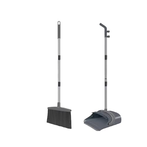 Stand-Up Broom Dustpan Combo - Long Handle with 3 Rows Dense Bristles for Multi-Scene Home/Office/Kitchen/Lobby/Shop, Indoor & Outdoor Cleaning (Black & Gray) - color: Black & Gray