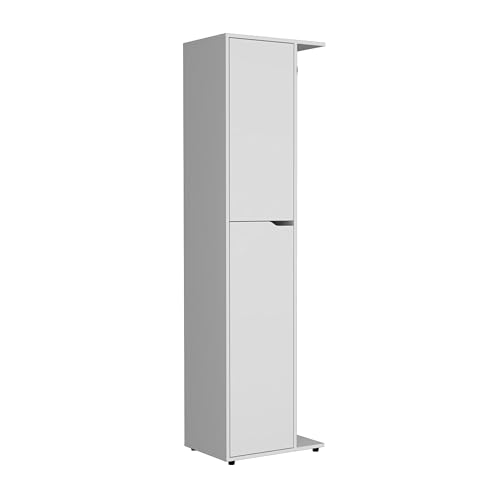 Austin Freestanding Broom Closet in White Finish Heavy Duty Storage for Household Tools and Accessories Easy to Clean Surface