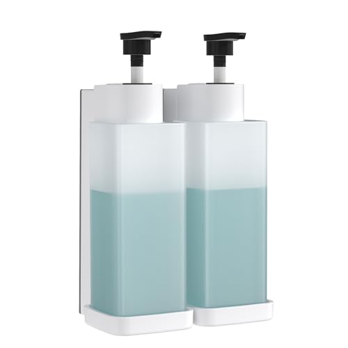 Shampoo and Conditioner Dispenser, Shower Soap Dispenser Wall Mounted 10fl oz/300ml *2 Chamber Shampoo Bottles Refillable with Black Pump for Bathroom Hotel, White - color: White 2 Chamber