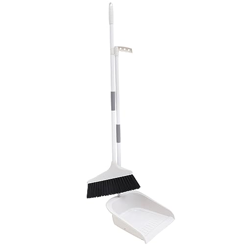 KALLORY Broom and Dustpan Set Dust Pan and Broom Combo for Floor Cleaning Upright Long Handle Broom and Dustpan Set for Sweeping Indoor Outdoor Kitchen Office Lobby Floor White - color: White