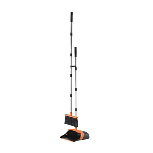 VEVOR Broom and Dustpan Set, Heavy Duty Dustpan and Broom Combo with Self-Cleaning Teeth, Metal Upright Standing Dust Pan with Long Handle, Ideal for Home, Restaurant, Office, Dorm, Black+Orange