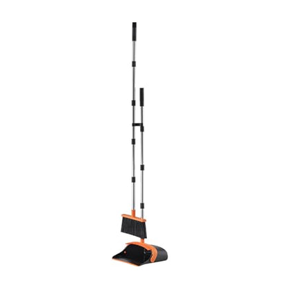 VEVOR Broom and Dustpan Set, Heavy Duty Dustpan and Broom Combo with Self-Cleaning Teeth, Metal Upright Standing Dust Pan with Long Handle, Ideal for Home, Restaurant, Office, Dorm, Black+Orange