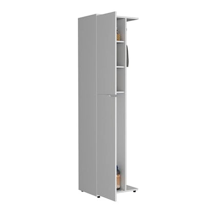 Austin Freestanding Broom Closet in White Finish Heavy Duty Storage for Household Tools and Accessories Easy to Clean Surface