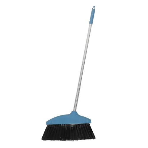 Soft Bristle Broom for Home with Long Handle, Plastic Floor Cleaning Broom Large Angle Sweep, Blue Indoor Outdoor Garage Patio Sweeping Tool