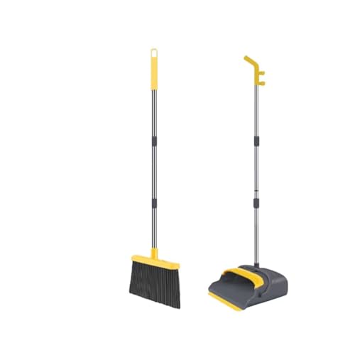 Broom and Dustpan Set with Long Handle - Upright Dustpan & 3 Rows Dense Bristles, Ideal for Home, Office, Kitchen, Lobby, Shop, All-Purpose Indoor & Outdoor Sweeping,Gray&Yellow - color: Gray&yellow