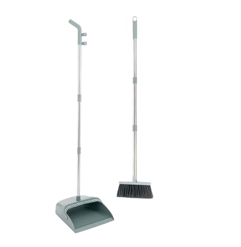 Upgrade Broom and Dustpan Combo Set - 3 Row Bristles & Extended Handles for No Bending, Self-Cleaning Dustpan Teeth, Stand-Up Storage, Indoor & Outdoor Sweeping (Bean Green) - color: Bean Green