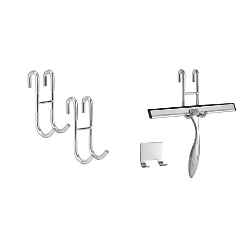 Simtive 10-Inch Shower Squeegee (Includes 1 Shower Door Hook and 1 Adhesive Hook), Shower Door Hooks (2-Pack), Both Silver, 2 Item Bundle
