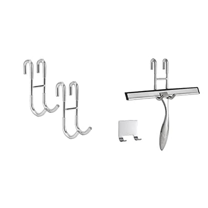 Simtive 10-Inch Shower Squeegee (Includes 1 Shower Door Hook and 1 Adhesive Hook), Shower Door Hooks (2-Pack), Both Silver, 2 Item Bundle