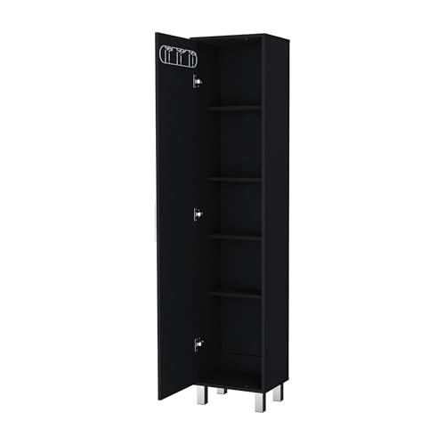 Tall Storage Cabinet, Broom Closet with Single Door, Narrow Cabinet with 3 Broom Hangers, Narrow Pantry Cabinet with 5 Interior Shelves, Broom Storage for School, Gym, Home, Office (Black) - color: Black