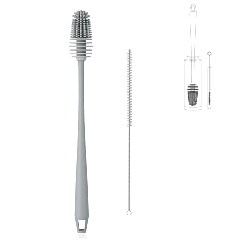 POWCAN Water Bottle Cleaning Brush Set, 1 Reusable Straws Brush & 1 Bottle Cleaning Brush, Fits 18/24/32/40/64/128 oz Insulated Water Bottles, Long Handle Brush, Food-Grade, Water Bottle Accessories