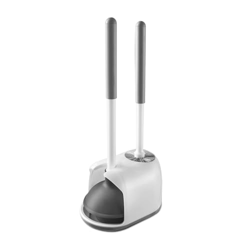 Eyliden Toilet Plunger and Brush Set, 2-in-1 Compact Holder | Unclogs Toilets, Deep Cleans Bowls, Nylon Bristles, Rubber Cup, Durable Plastic Caddy, Space-Saver, Bathroom Cleaning Tools - color: White & Grey