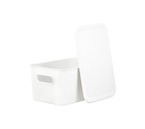 Decorative Plastic Basket Lidded Home Storage Bins Organizer Baskets, Medium White (1 Pack - 5 Liter) Stackable Container Box, for Organizing Closet Storage Bins for Shelves - Ribbed Collection - color: White, size: 5 L