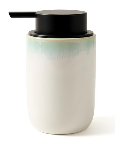 BosilunLife Hand Soap Dispenser - Foam Soap Dispenser Bathroom Ceramic Dish Liquid Soap Dispenser for Kitchen, Bathroom Countertop Soap Dispensers (White with Blue-Green Rim Liquid Pump) - color: White With Blue-green Rim Liquid Pump
