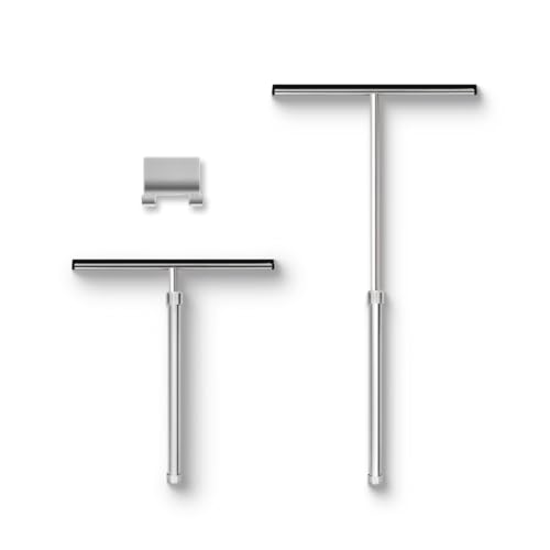Shower Squeegee with Long Handle and Adhesive Hook. for Glass Doors, Tile Walls, Mirrors and Windows. Telescoping Squeegee for Cleaning. Bathroom Stainless Steel Squeegee, 10inch Wide, Chrome – 1pk