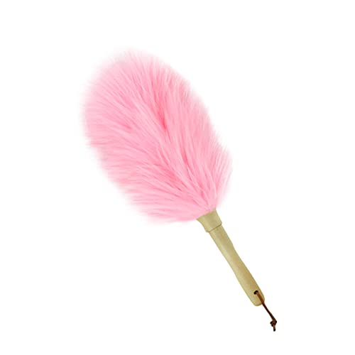 Lambswool Duster 14'' Length Solid Wooden Handle Leather Hang Strap for Cleaning Ceiling Fans Window Blinds Computer Furniture Figurines TV Natural Feather Duster,Pink - color: Pink, size: 14 Inch