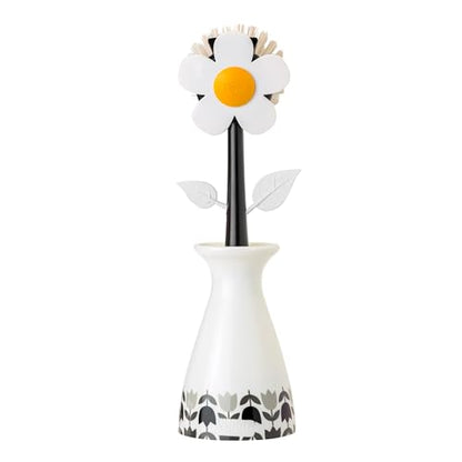 Vigar Flower Power Dish Brush - Flower-Shaped, Dish Brush with Handle and Vase Holder, Scrub Brush for Dishes, Dishwashing Brush, Kitchen Scrub Brush, Pot Scrubber, Kitchen Essentials - White, Black - color: White