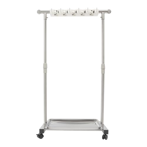 Broom Mop Holder, Movable Put Wet Mops Broom Floor Standing Cleaning Tool Rack 6 Hook and 5 Slots, Stainless Steel Cleaning Supplies Organizer for Home Schools Hospitals Factories Hotels Restaurant