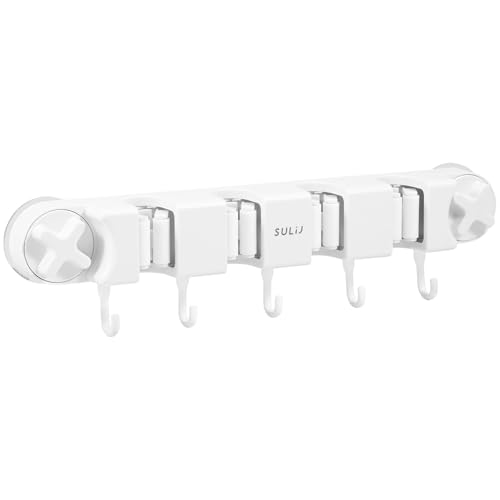 Broom Holder Wall Mount Sturdy Mop and Broom Organizer with 4 Racks and 5 Hooks Vacuum Suction Cup Broom Mop Holder for Home, kitchen, Garden, Tools, Garage - color: white