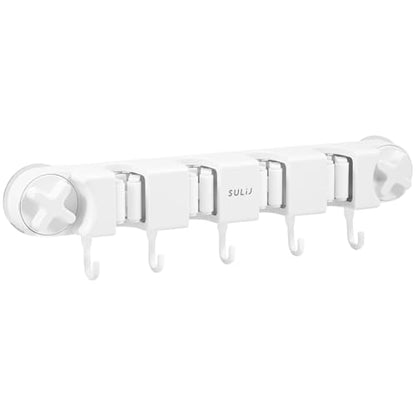 Broom Holder Wall Mount Sturdy Mop and Broom Organizer with 4 Racks and 5 Hooks Vacuum Suction Cup Broom Mop Holder for Home, kitchen, Garden, Tools, Garage - color: white