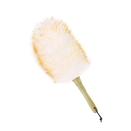 Lambswool Duster 14'' Length Solid Wooden Handle Leather Hang Strap for Cleaning Ceiling Fans Window Blinds Computer Furniture Figurines TV Natural Feather Duster,Yellow+White - color: Yellow+white, size: 14 Inch